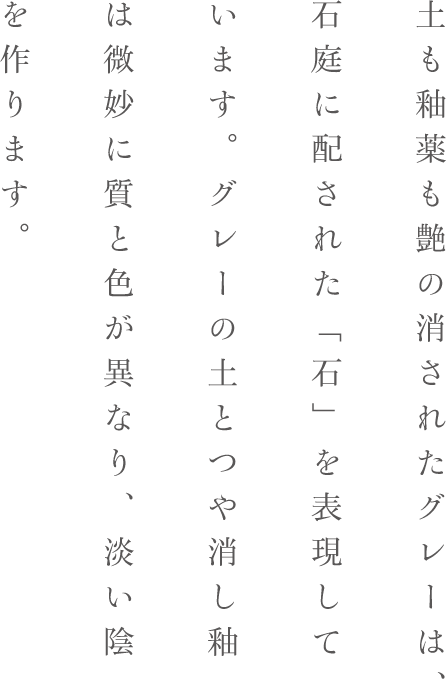 土も釉薬も艶の消されたグレーは、石庭に配された「石」を表現しています。グレーの土とつや消し釉は微妙に質と色が異なり、淡い陰を作ります。